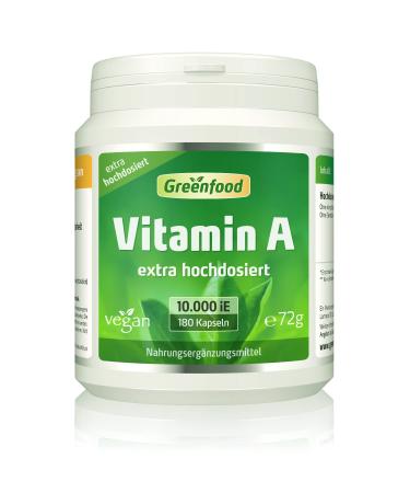 Vitamin A 10 000 IE extra high -dose 180 capsules - good for eyesight mucous membranes and immune system.Without artificial additives.Without genetic technology.Vegan.72 g (1 Pack)