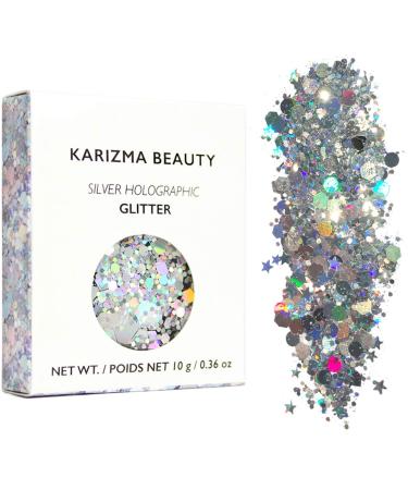 KARIZMA Holographic Silver Body Glitter. 10g Chunky Face Glitter, Hair Glitter, Eye Glitter and Body Glitter for Women. Rave Glitter, Festival Accessories, Cosmetic Glitter Makeup. Loose Glitter Set Silver Holographic