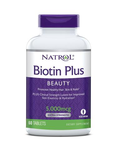 Natrol Biotin Beauty Plus Lutein Tablets, Promotes Healthy Hair, Skin and Nails, Improves Skin Elasticity and Hydration, Extra Strength 5,000mcg, 60 Count 60 Count Biotin Plus