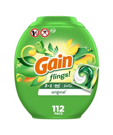 Gain flings Laundry Detergent Soap Pacs, HE Compatible, Long Lasting Scent, Original Scent, 112 count Laundry Detergent Flings, 112 count